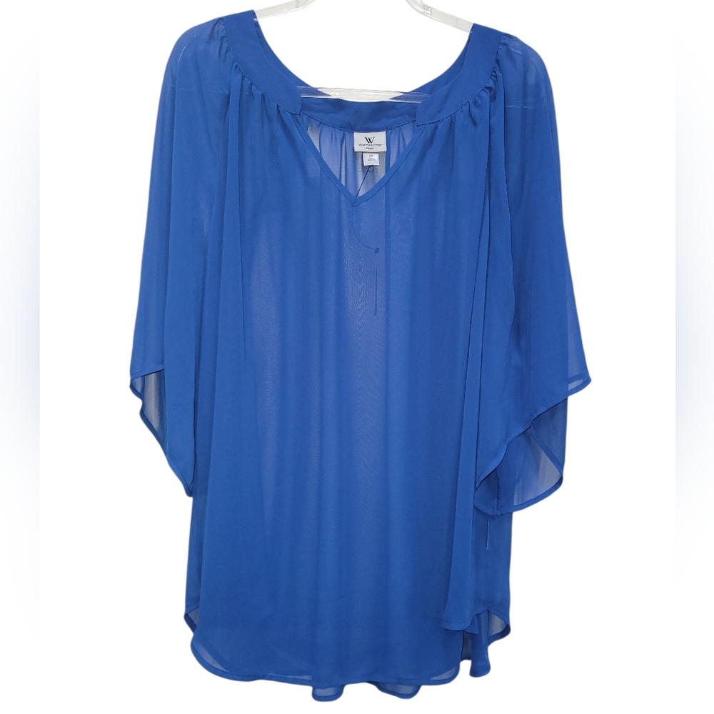 NWT 2X Worthington Intense Blue Sheer 3/4 Bell Sleeve Blouse